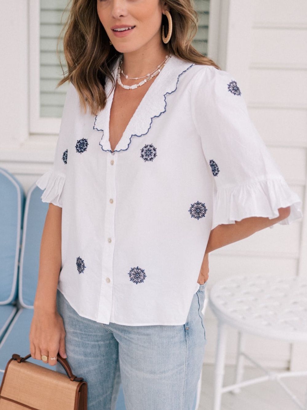 Zara Embroidered Ruffle V-Neck Cotton Blouse - White with Navy Motifs